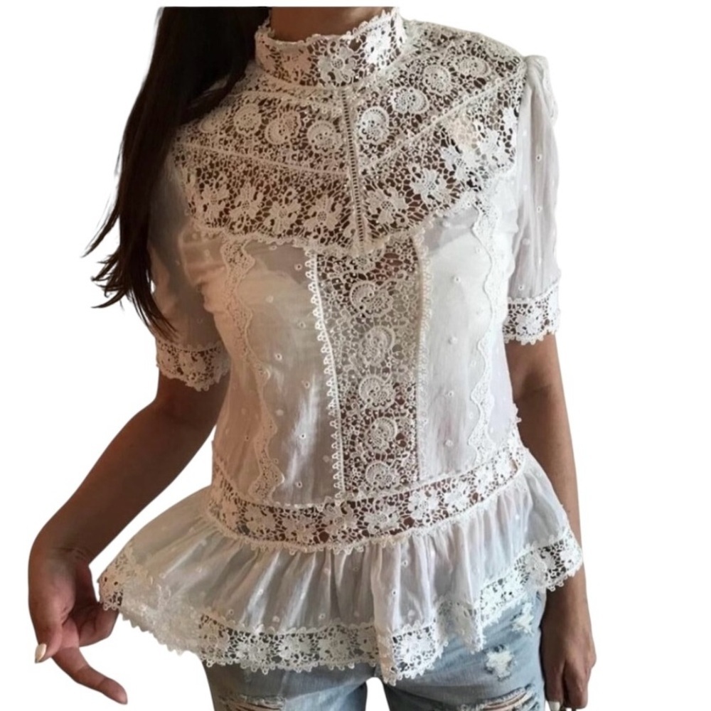 REBECCA TAYLOR CROCHET LACE EYELET PEPLUM TOP MOCK NECK COQUETTE GIRL size 4 - Picture 2 of 11